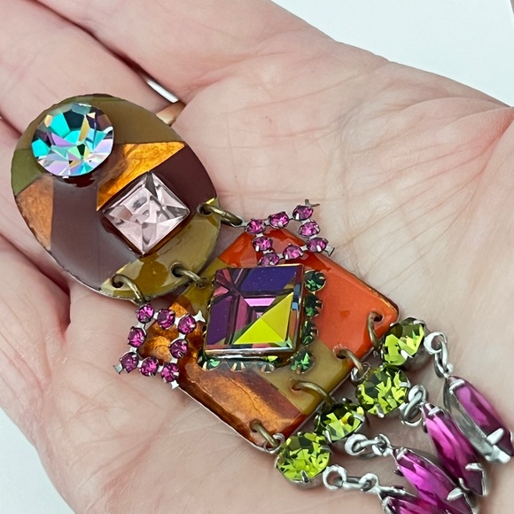 Vintage Earrings clip 70s multicolor gems statement articulating charms dangling - Picture 4 of 10